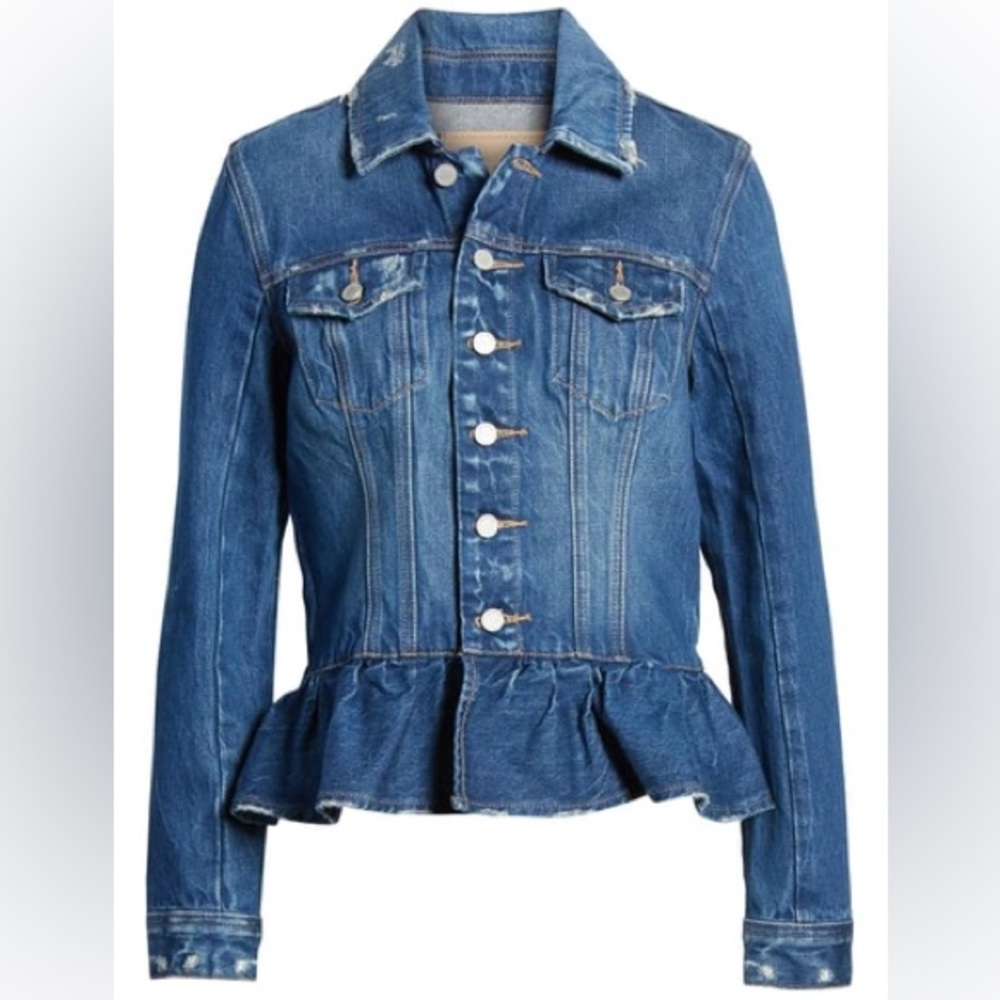 BlankNYC denim Jean jacket peplum ruffle flounce hem distressed XS